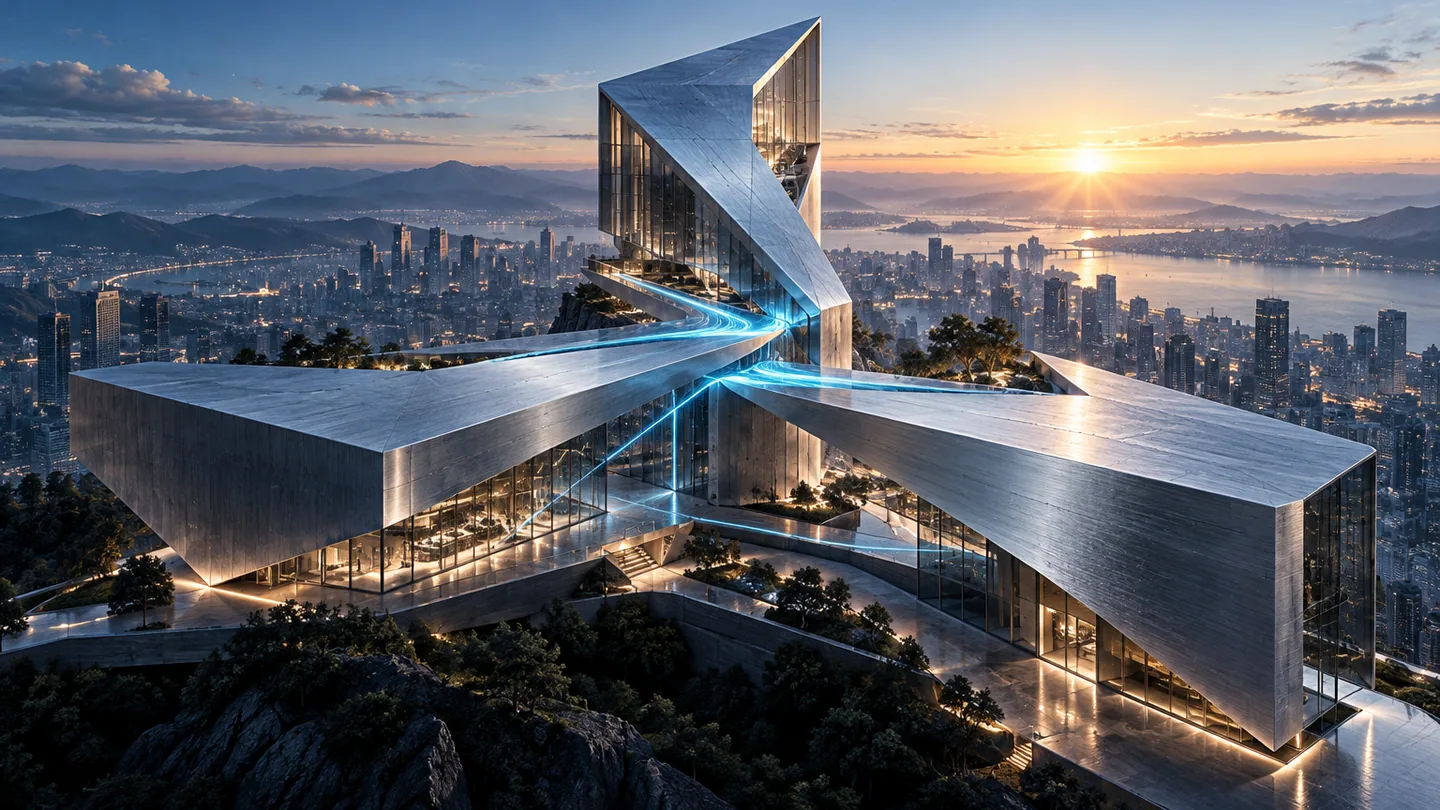 Arquitectura conceptual de tres planos conectados sobre una base sólida.