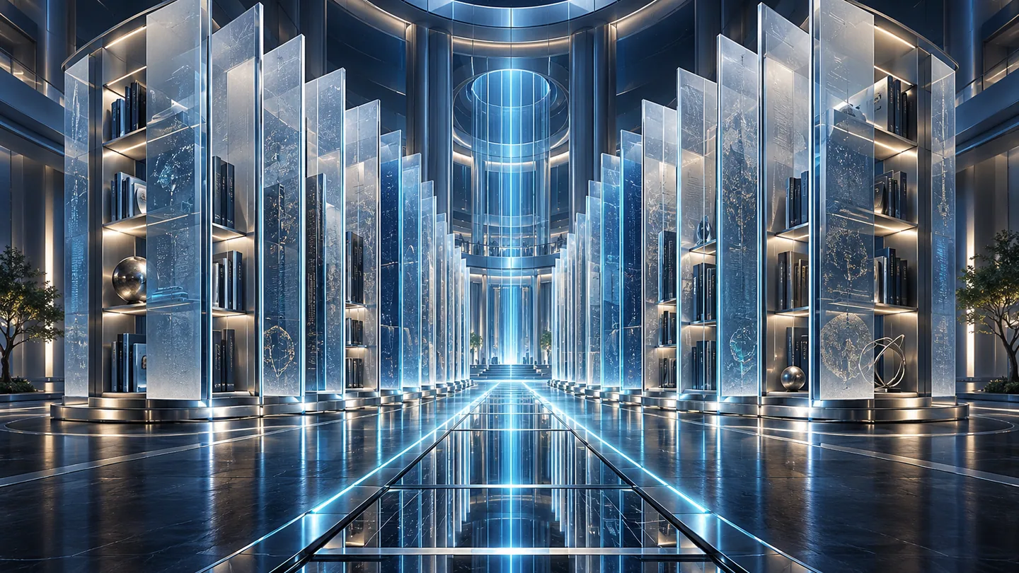 Archivo conceptual de conocimiento con estructuras de cristal iluminadas.